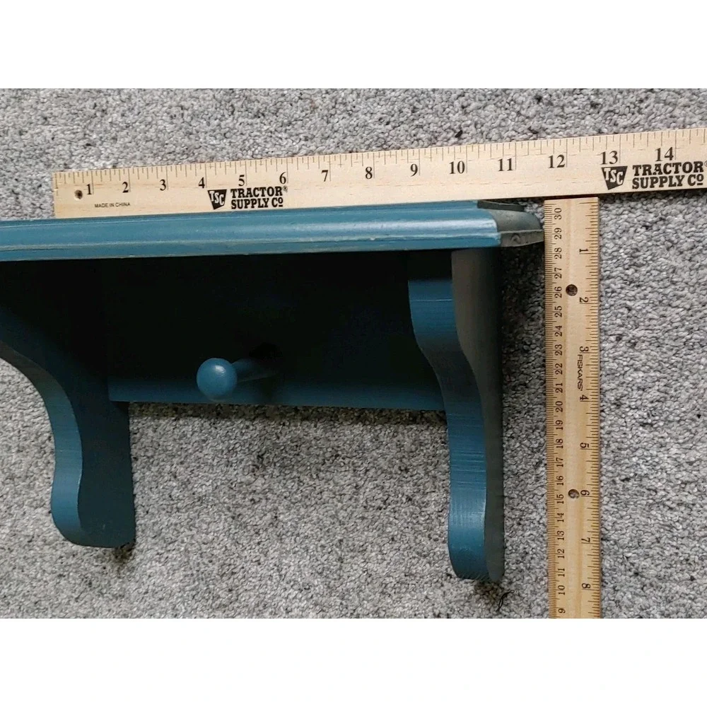 Vtg Solid Wood Wall Display Peg Shelf Blue Farmhouse Granny Cottage Core 11x5
